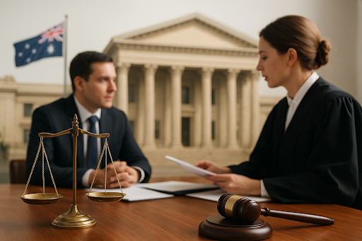 A solicitor in traditional robes reviews case files at a wooden desk in a Queensland courtroom, with a judge’s gavel nearby symbolising the seriousness of drug supply offences.