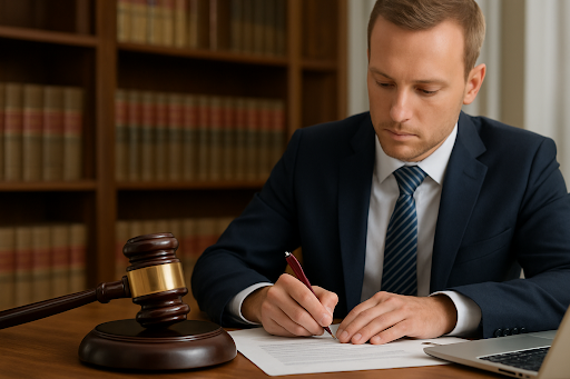 Criminal lawyer reviewing legal documents with a judge gavel, representing legal support for drug charges