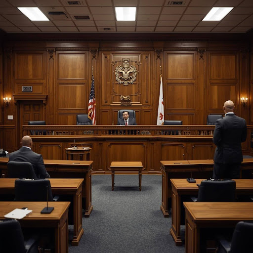 Courtroom hearing scene with judge and legal counsel for drug driving penalties and work licence in Queensland.
