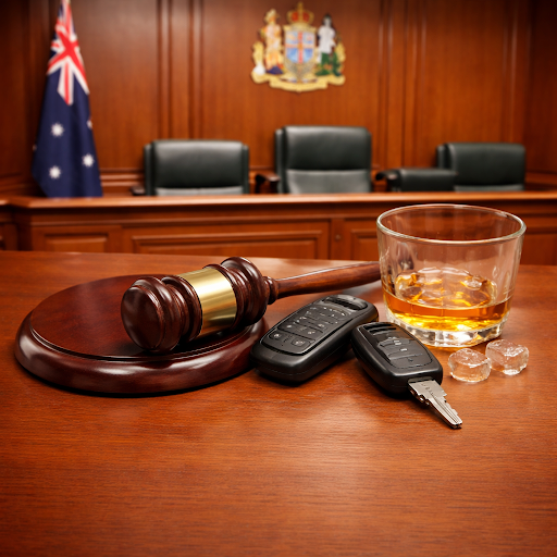 Australian courtroom with judge’s gavel, car keys and whisky glass symbolising drink-driving offences and consequences.