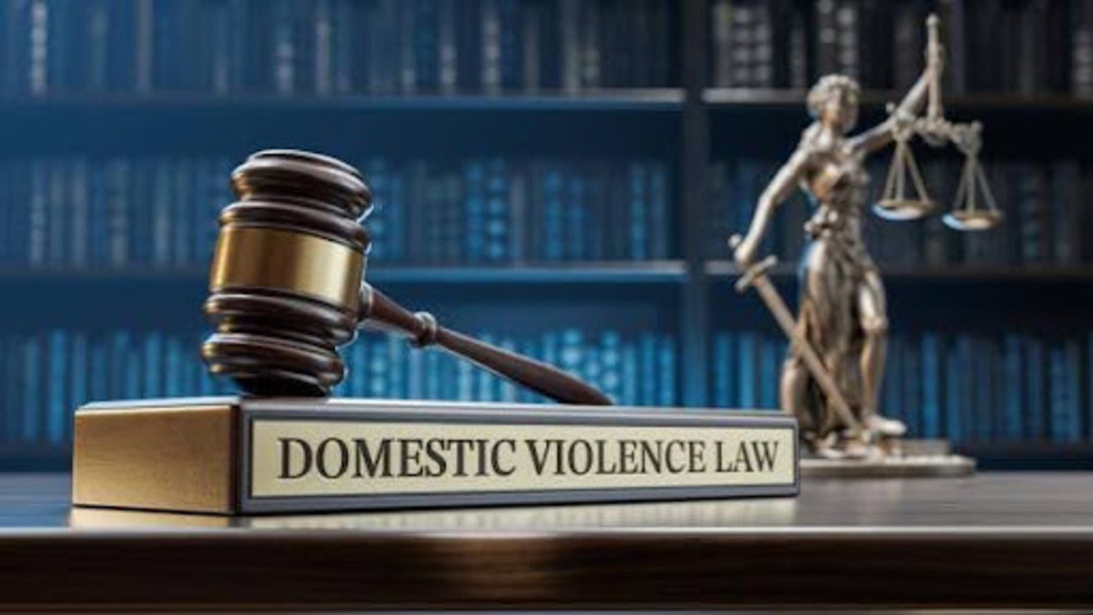 Gavel and Lady Justice statue with a Domestic Violence Law sign, illustrating strangulation vs. choking in DV cases.